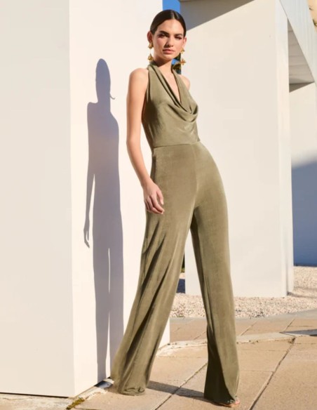 Long jumpsuit with draped halter neckline and open back