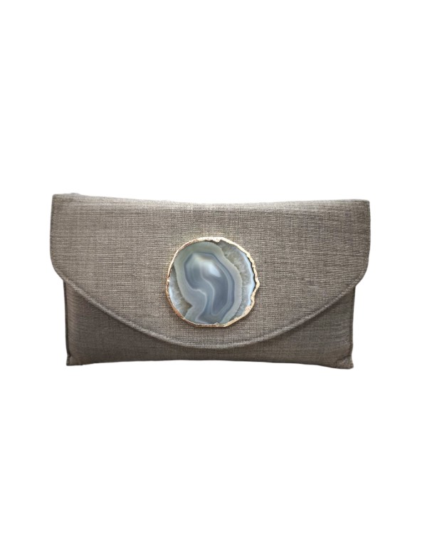Cartera de yute gris con detalle de piedra natural y cadena dorada