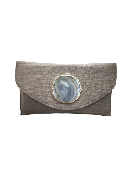 Cartera de yute gris con detalle de piedra natural y cadena dorada