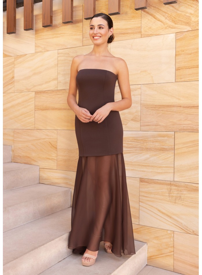 Strapless long dress with transparency in skirt...