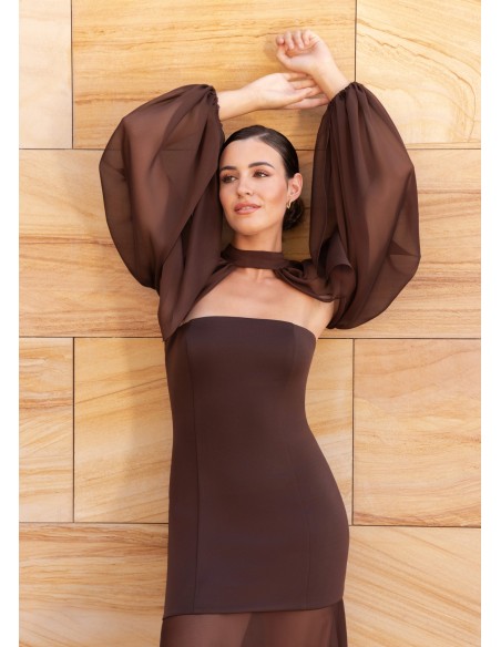 Strapless long dress with transparency in skirt and bolero