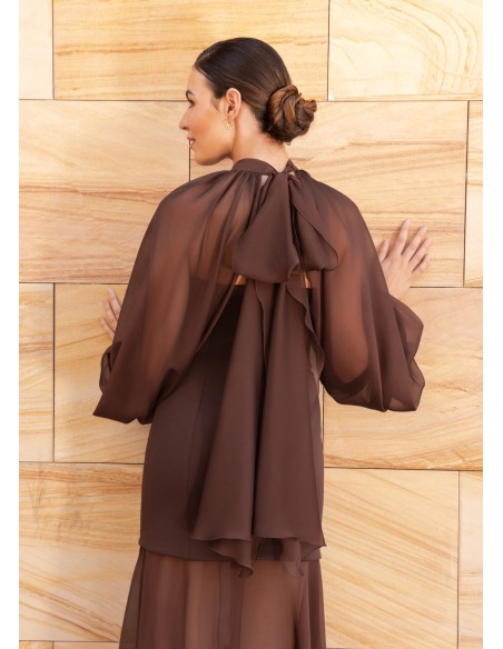 Strapless long dress with transparency in skirt and bolero