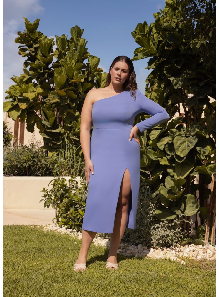 Vestido midi con escote asimétrico y volante desmontable azul