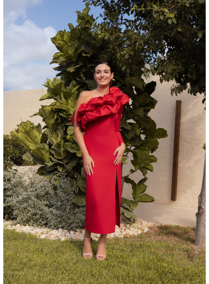 Midi dress with asymmetrical neckline and...