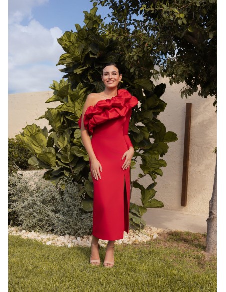 Robe midi avec encolure asymétrique et volant détachable