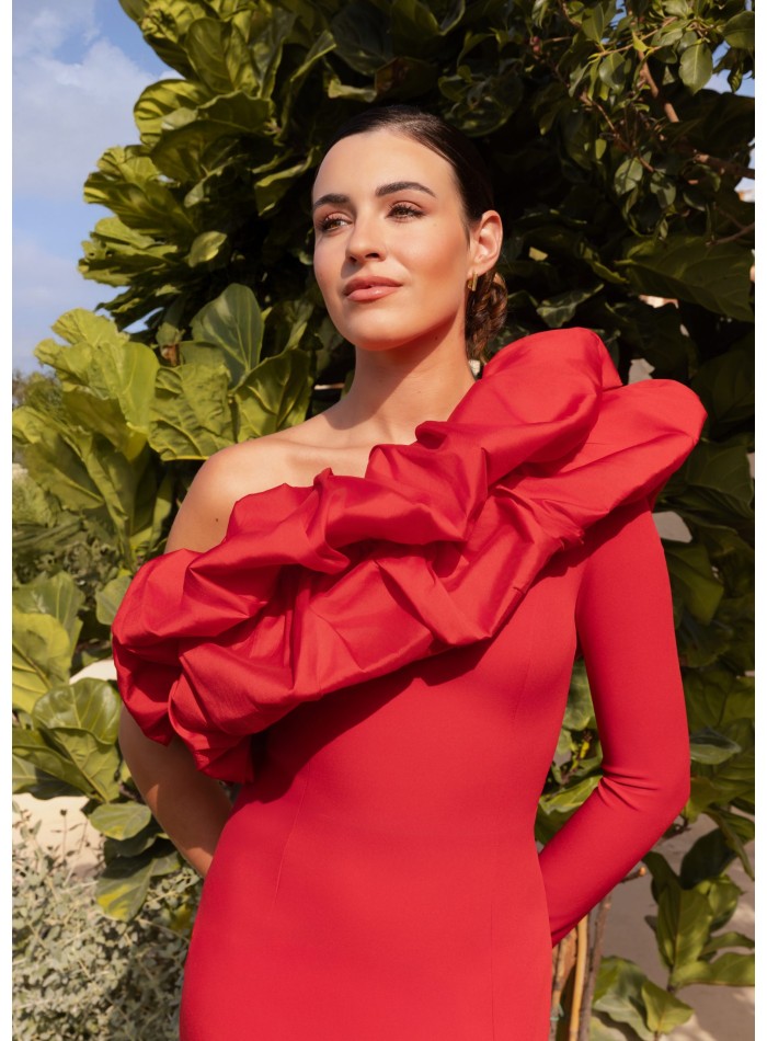 Midi dress with asymmetrical neckline and...