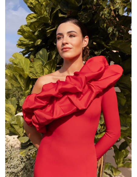 Vestido midi con escote asimétrico y volante desmontable para tallas grances