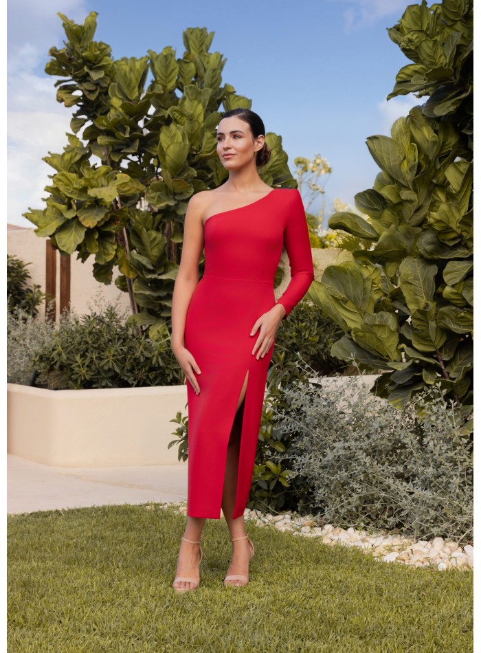 Vestido midi con escote asimétrico y volante desmontable para fiestas