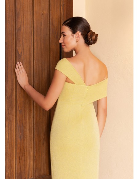 Midi dress with asymmetrical neckline and cape in lurex and chiffon