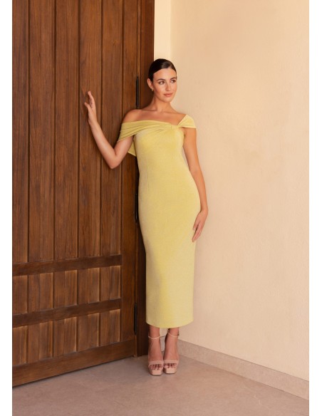 Midi dress with asymmetrical neckline and cape