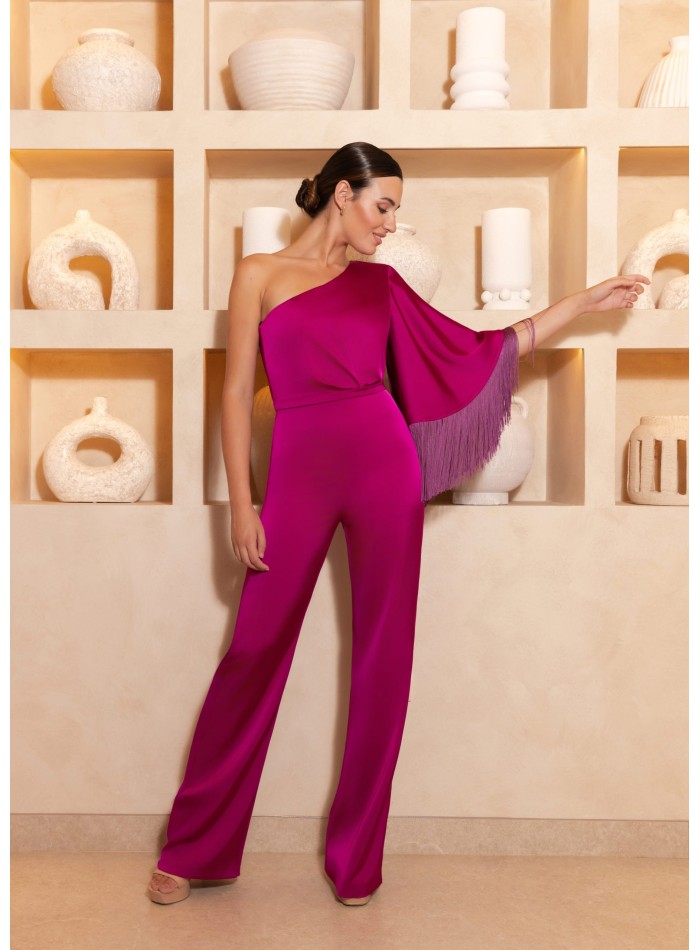 Jumpsuit with asymmetrical neckline and fringed...
