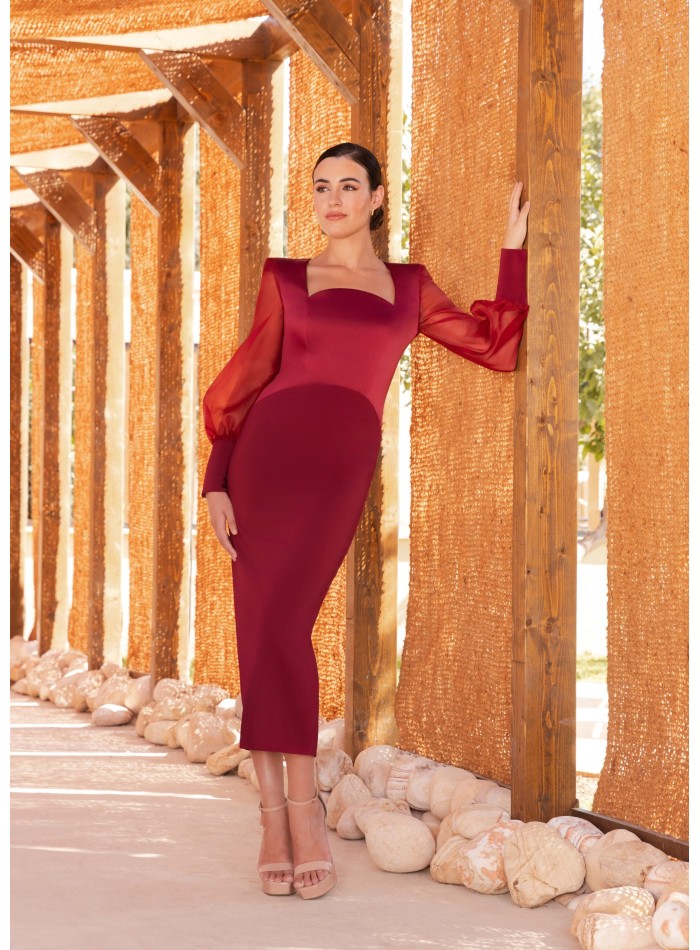 Crepe satin midi dress with box neckline and...