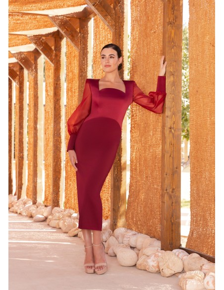 Vestido midi con escote caja y manga abullonada en crepé satén rojo