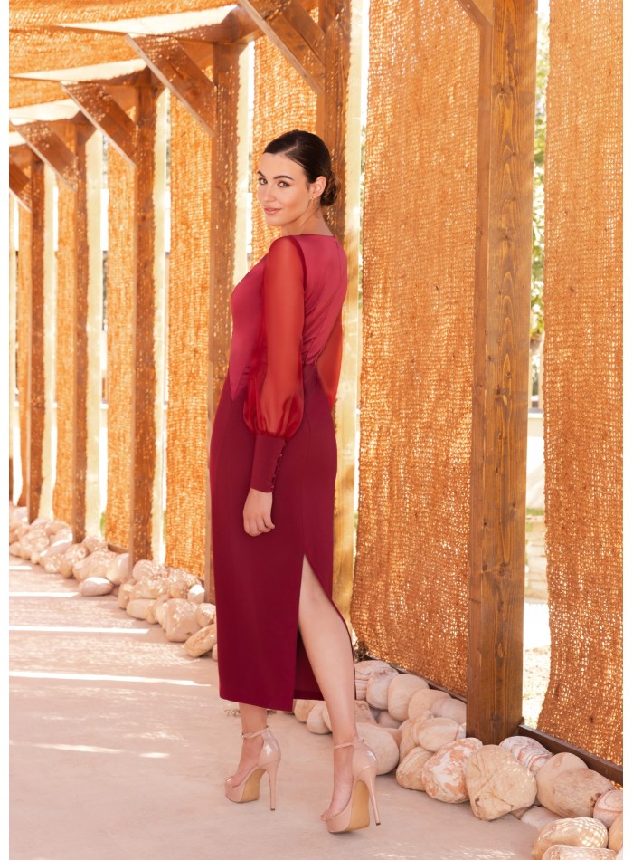 Vestido midi con escote caja y manga abullonada en crepé satén para bodas