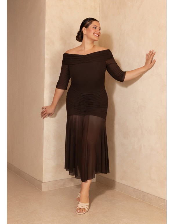 Vestido midi con escote bardot y drapeado en la cintura 2