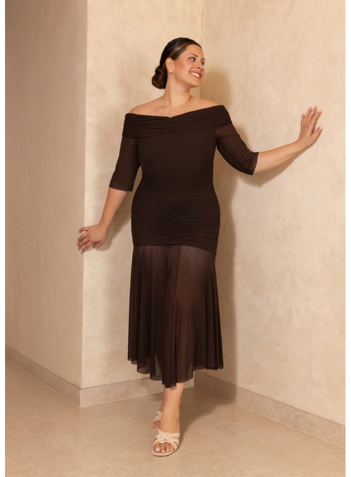 Midi dress with bardot neckline and draped at...