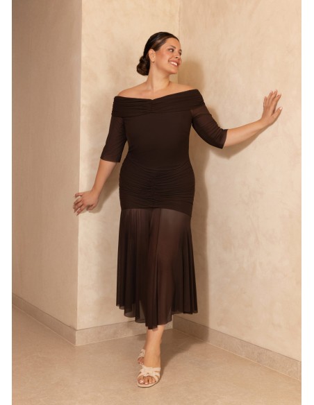 Midi dress with bardot neckline and draped at the waist