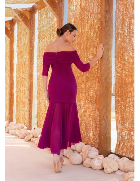 Robe midi à encolure bardot et drapée à la taille