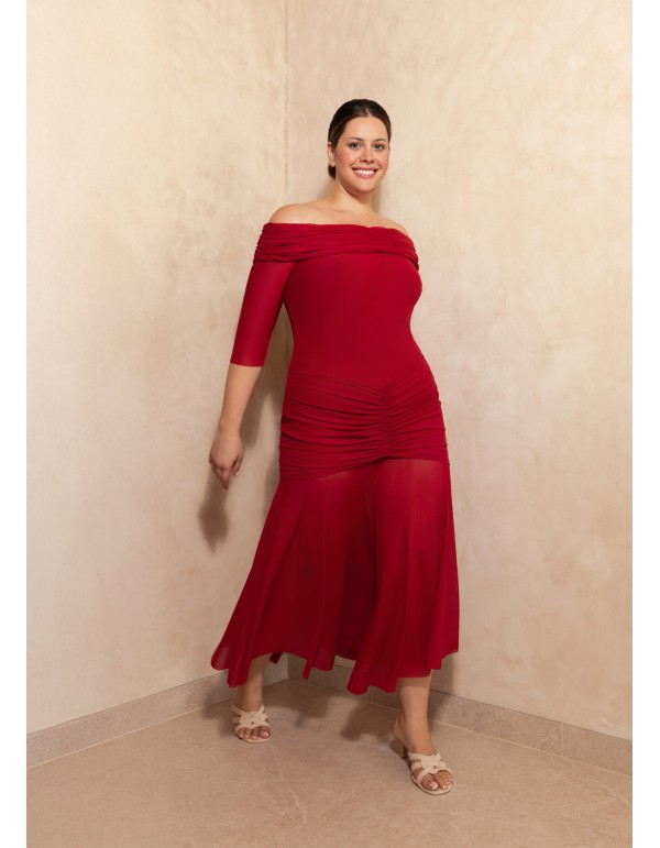 Vestido midi de fiesta con escote bardot y drapeado marron 2