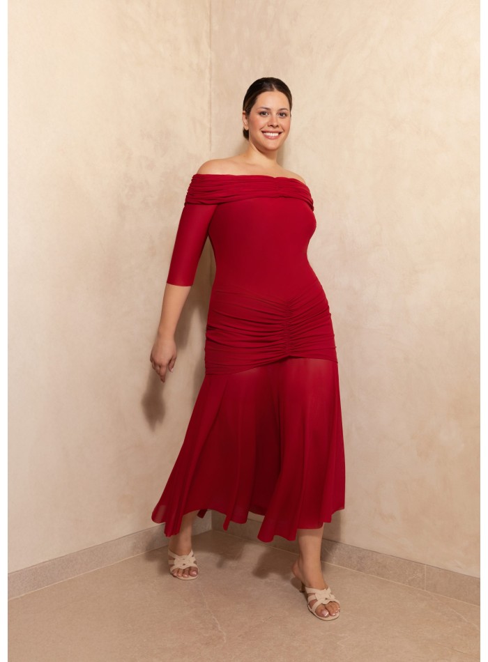 Midi party dress with bardot neckline and draping