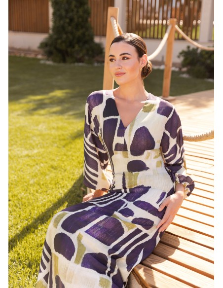 Empire cut midi dress in satin with puffed sleeves