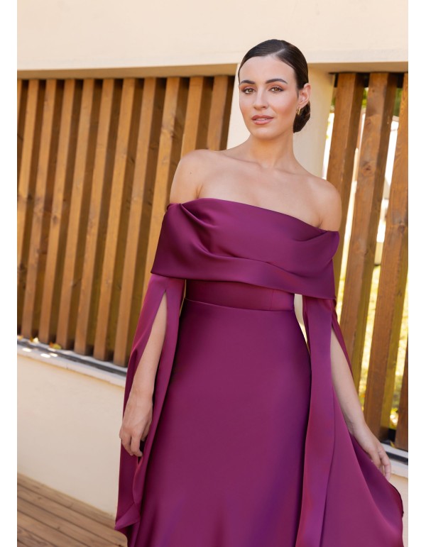 Vestido midi escote bardot en satén con mangas caídas 2