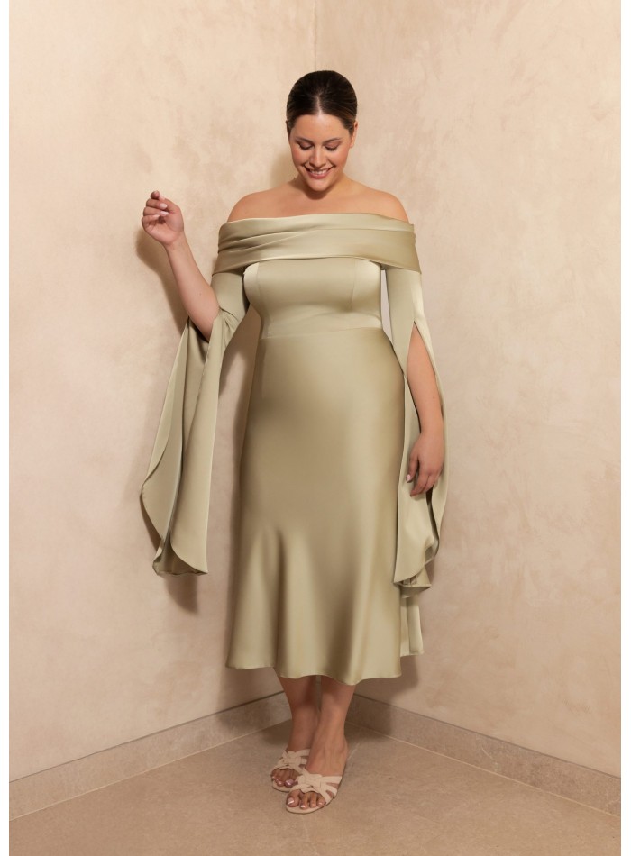 Satin bardot neckline midi dress with dropped...