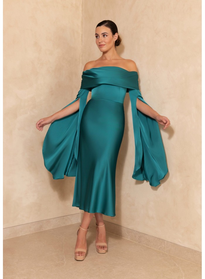 Midi dress bardot neckline with dropped sleeves