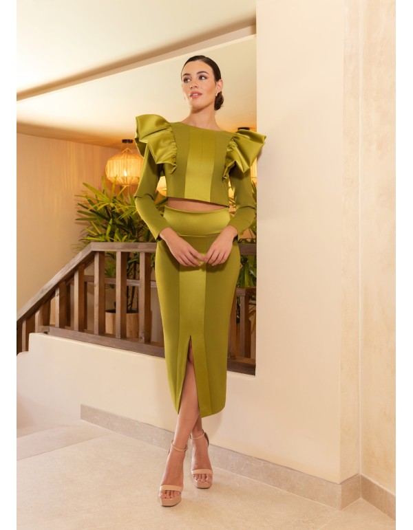 Set of off-the-shoulder ruffle top and midi skirt with... 2