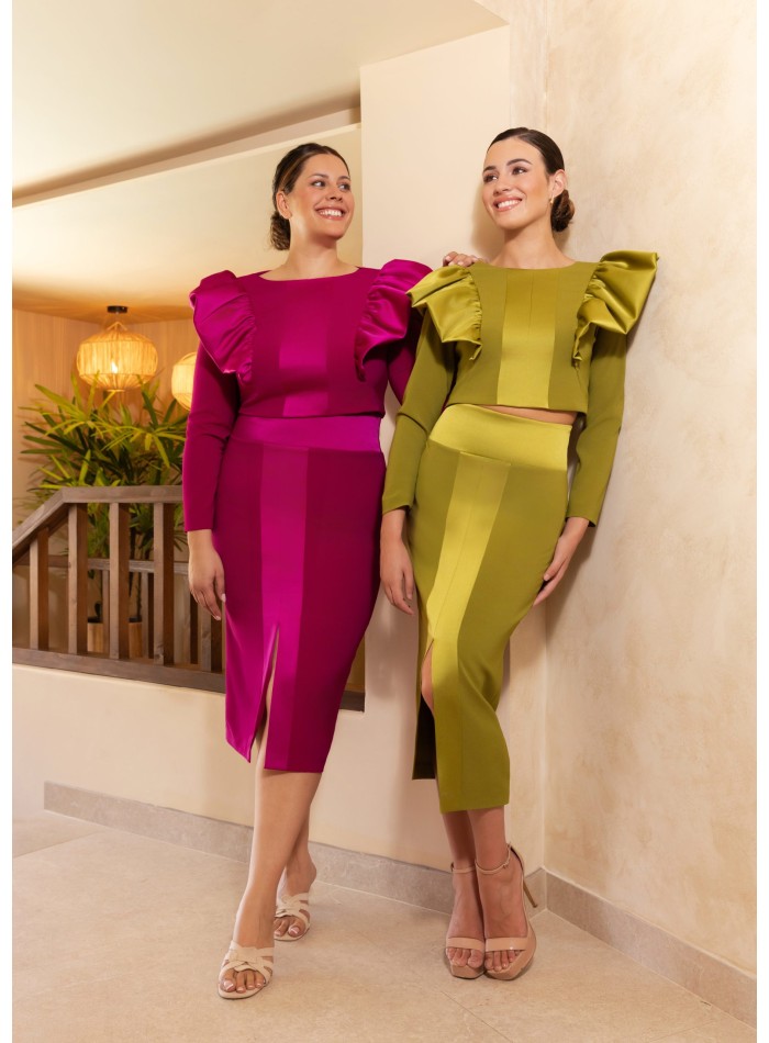 Set of off-the-shoulder ruffle top and midi...