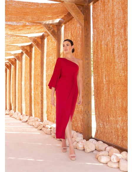 Asymmetric midi dress with flared sleeves and draped at the waist