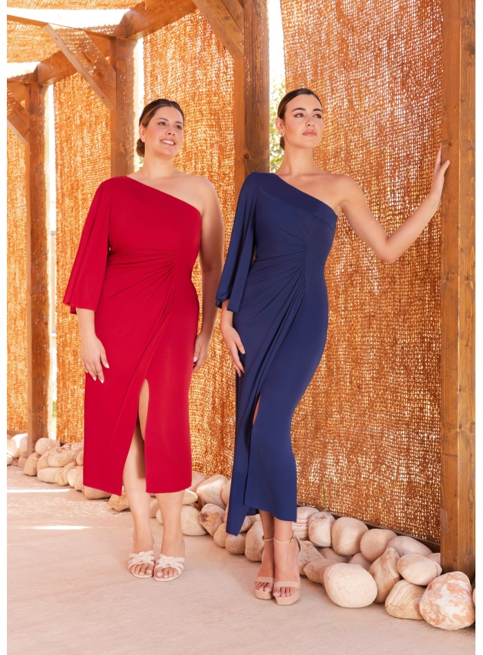 Robe midi asymétrique à manches évasées et...