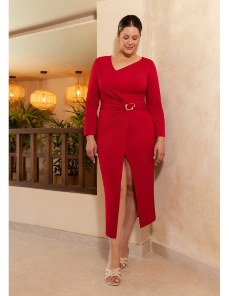 Vestido midi de manga larga con hebilla en la cintura