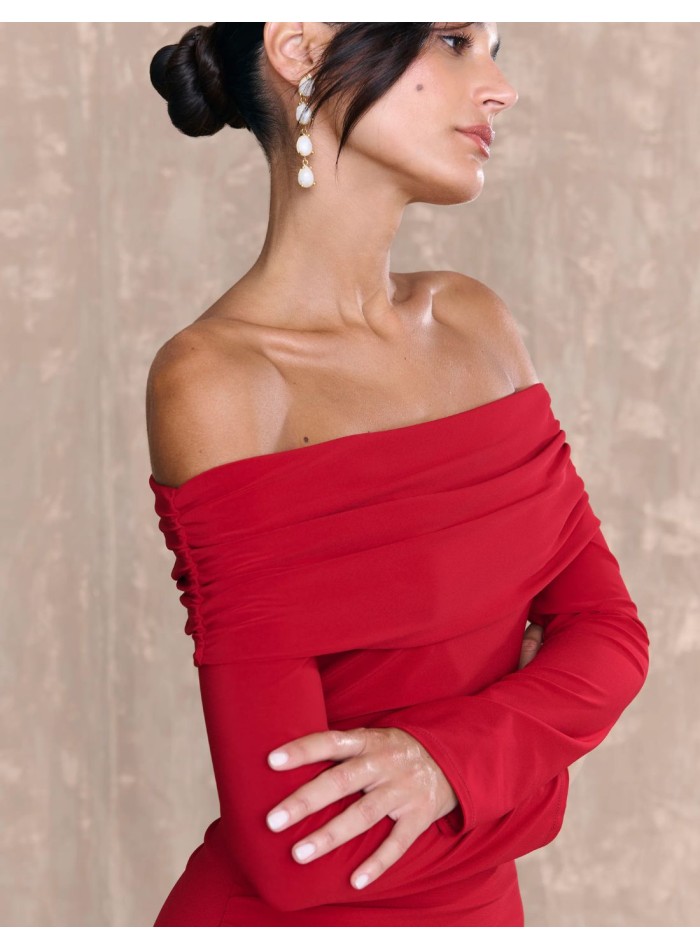 Long guest dress with boat neckline and long...