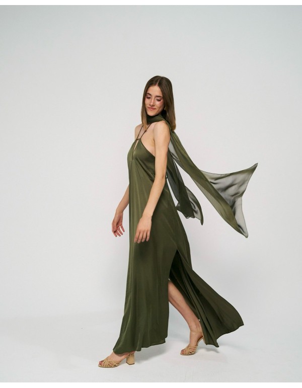 Long chiffon cape for wedding guests in hunter green color 2