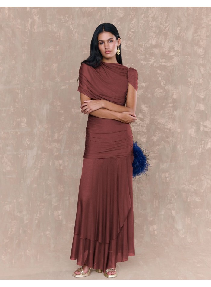 Long tulle dress with crossover neckline