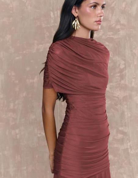 Long tulle dress with crossover neckline