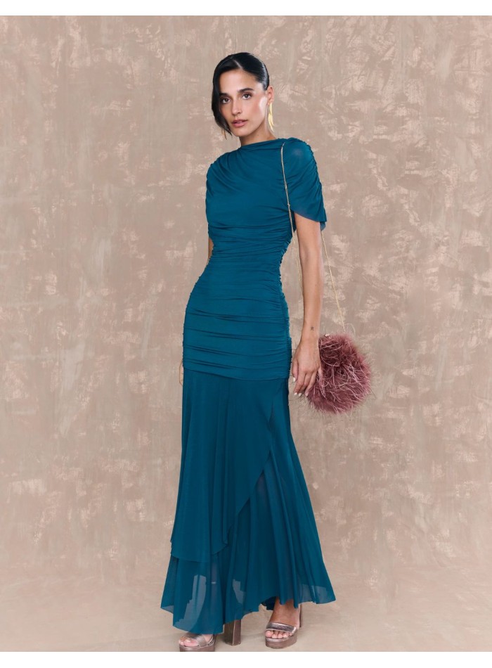 Vestido largo de tul con escote cruzado en tejido de tul