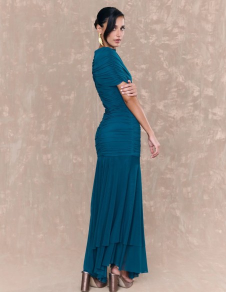 Long tulle dress with crossed neckline in tulle fabric