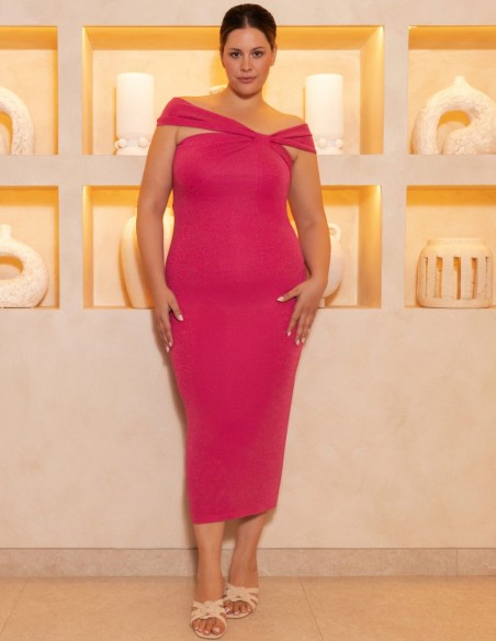 Robe midi à encolure asymétrique et couche en lurex et mousseline de soie