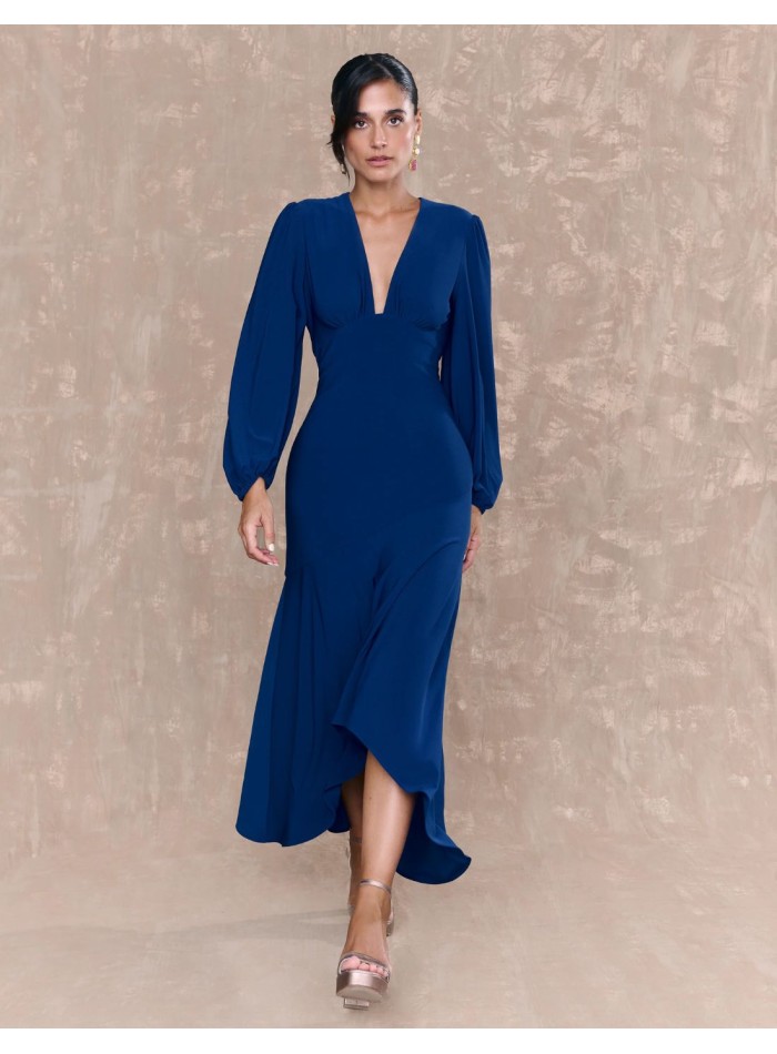 Navy blue midi dress with V-neckline