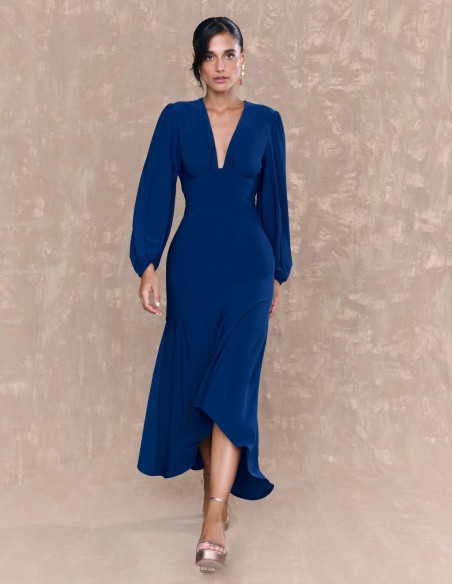 Navy blue midi dress with V-neckline