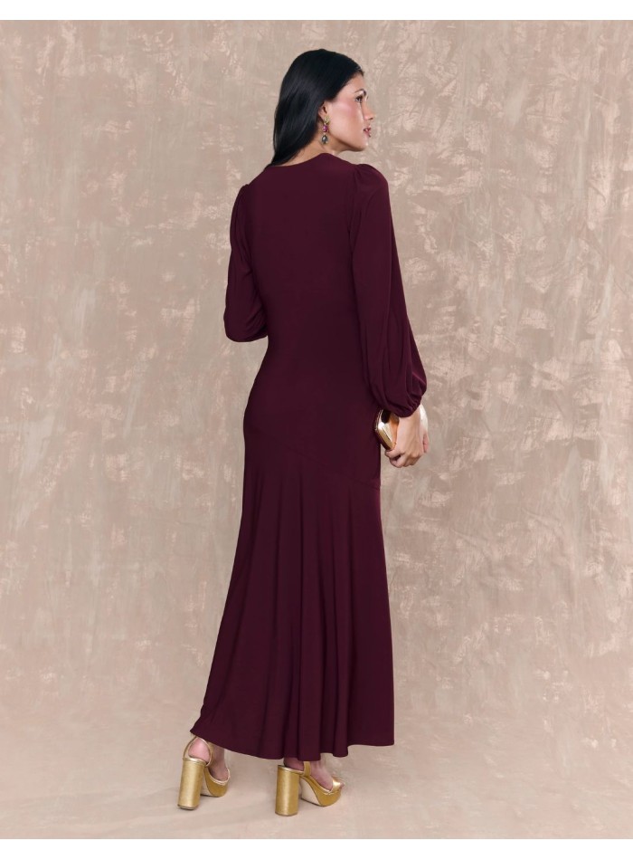 Burgundy midi dress with V-neckline