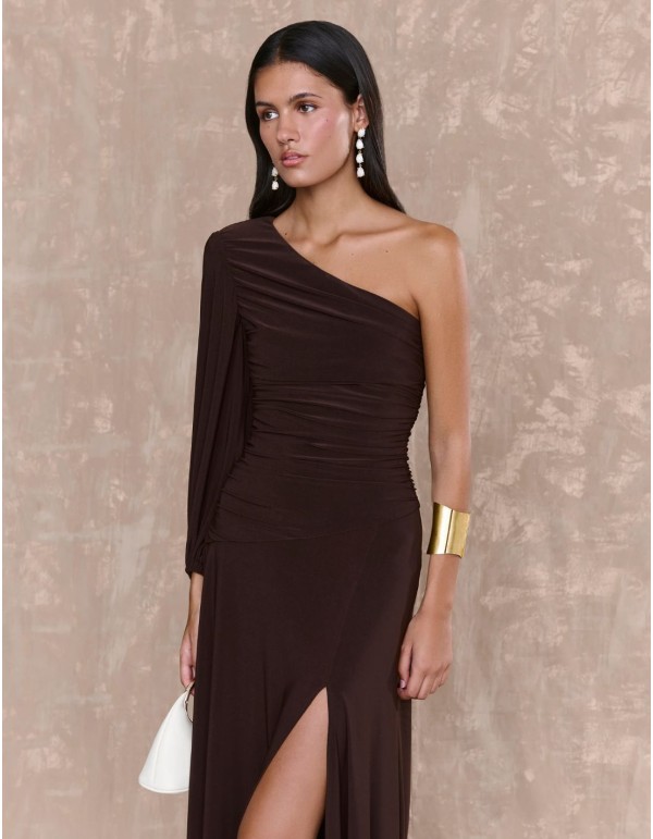 Brown midi dress in silk knit 2