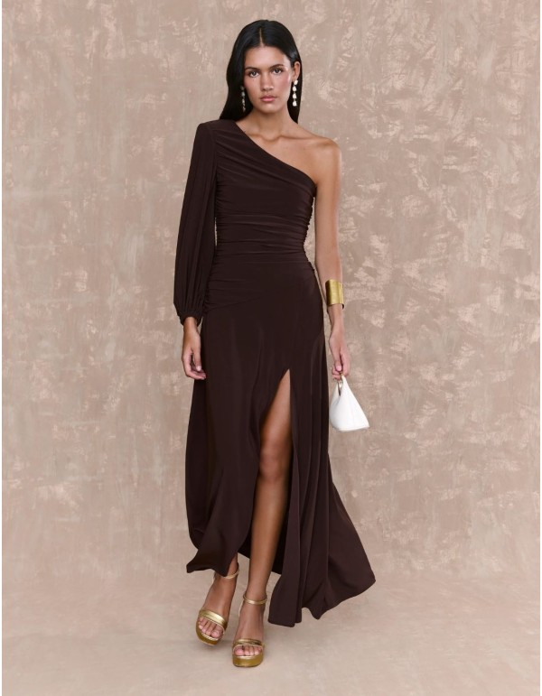 Brown midi dress in silk knit