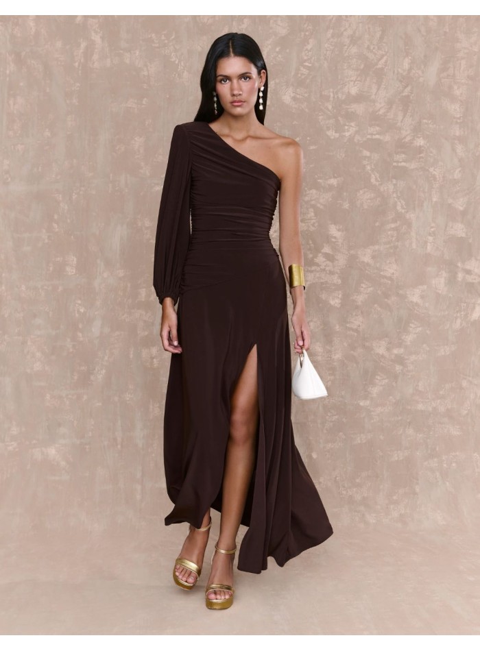 Vestido midi marrón de punto de seda