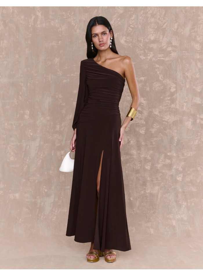 Robe midi en soie marron
