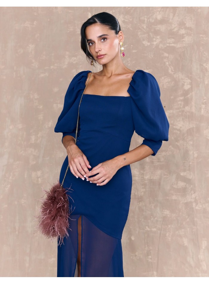 Robe midi en mousseline de soie bleu marine