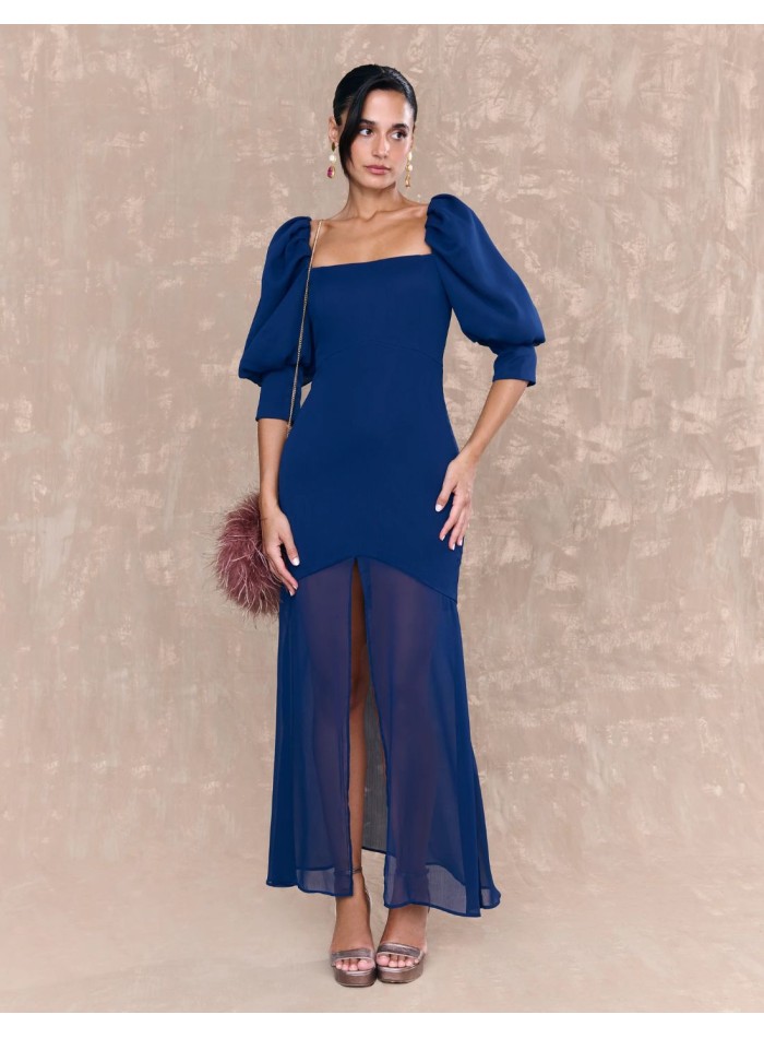 Robe midi en mousseline de soie bleu marine