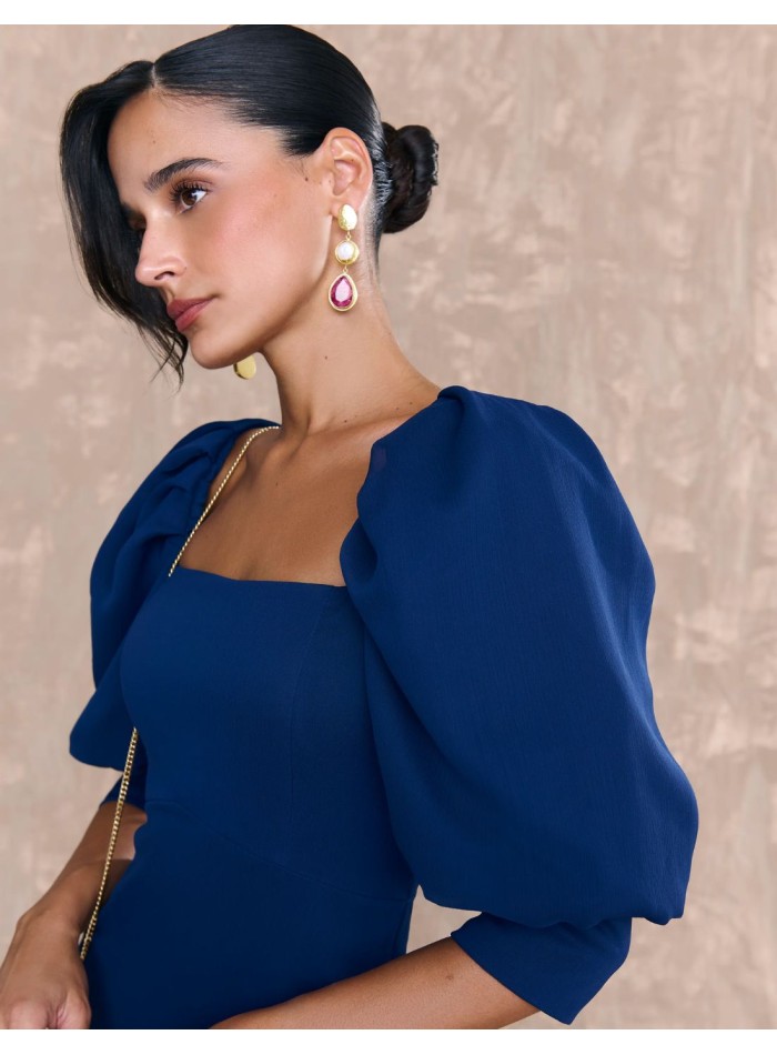 Robe midi en mousseline de soie bleu marine